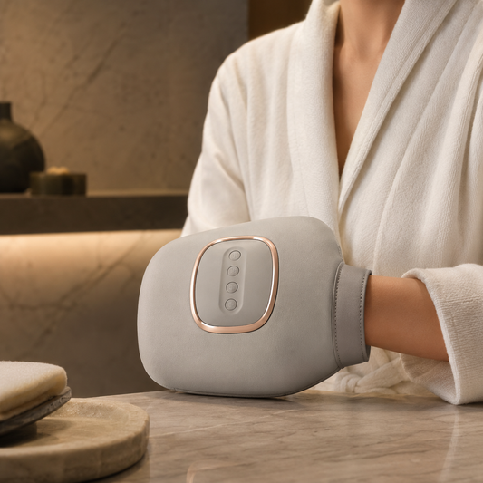 Person in a spa robe using the NOVYN Hand Spa air compression hand massager on a marble counter